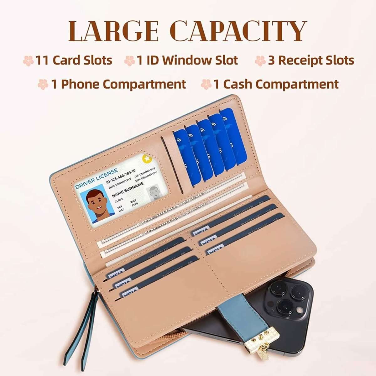 Beige leaf bifold wallet opened with ID slot, card slots, and cash compartments