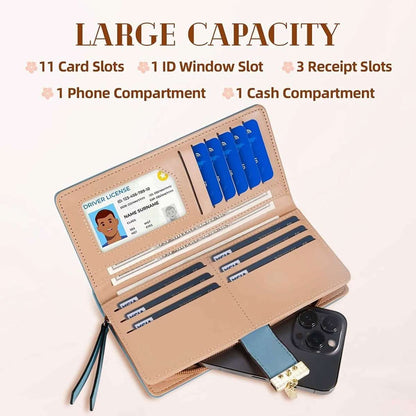 Beige leaf bifold wallet opened with ID slot, card slots, and cash compartments