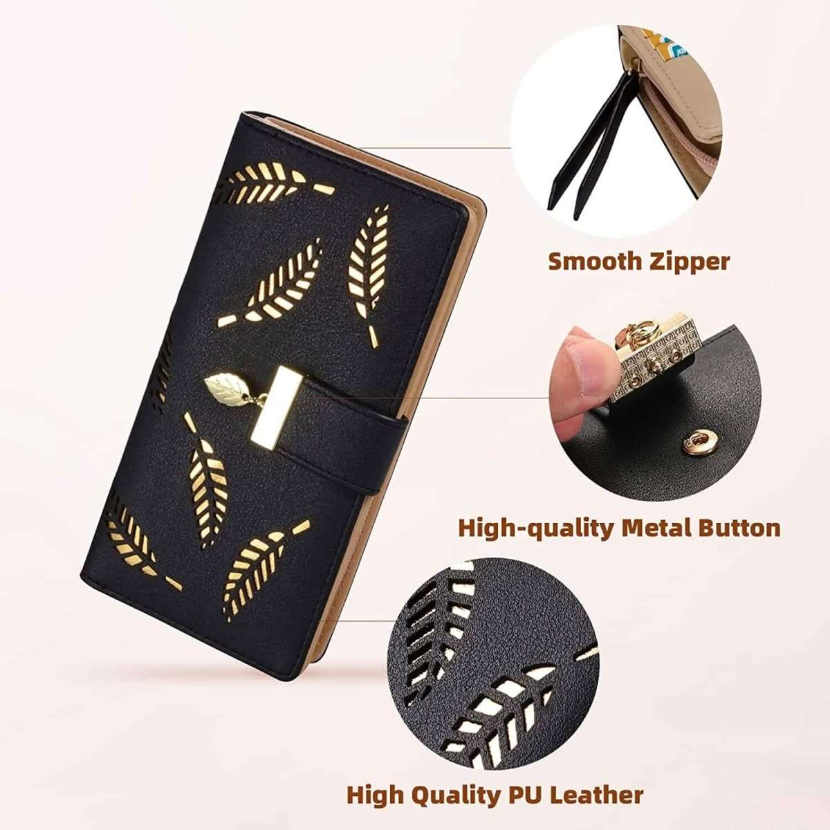 Black long leaf-pattern wallet with smooth zipper, metal button, and leaf cutouts.