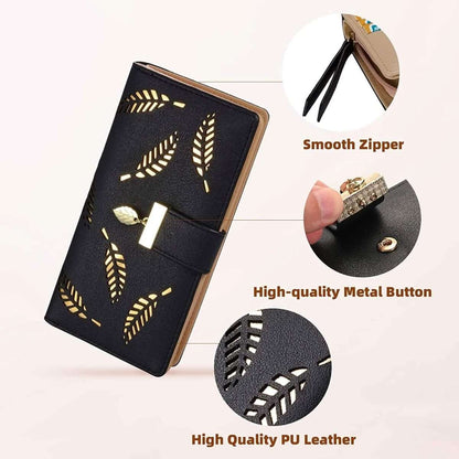 Black long leaf-pattern wallet with smooth zipper, metal button, and leaf cutouts.