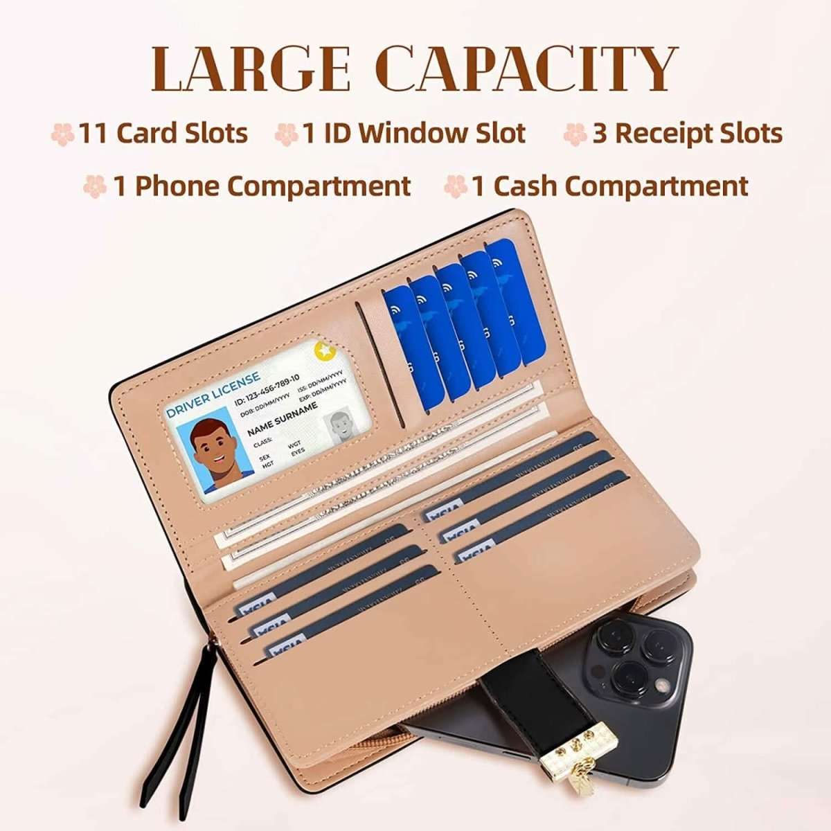 Beige leaf bifold wallet opened, showing card slots, ID window, and zip pocket