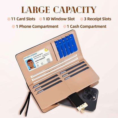 Beige leaf bifold wallet opened, showing card slots, ID window, and zip pocket