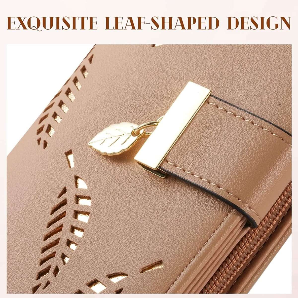Beige wallet close-up showing leaf cutouts, metal clasp, and stitched inner edge