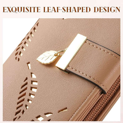Beige wallet close-up showing leaf cutouts, metal clasp, and stitched inner edge