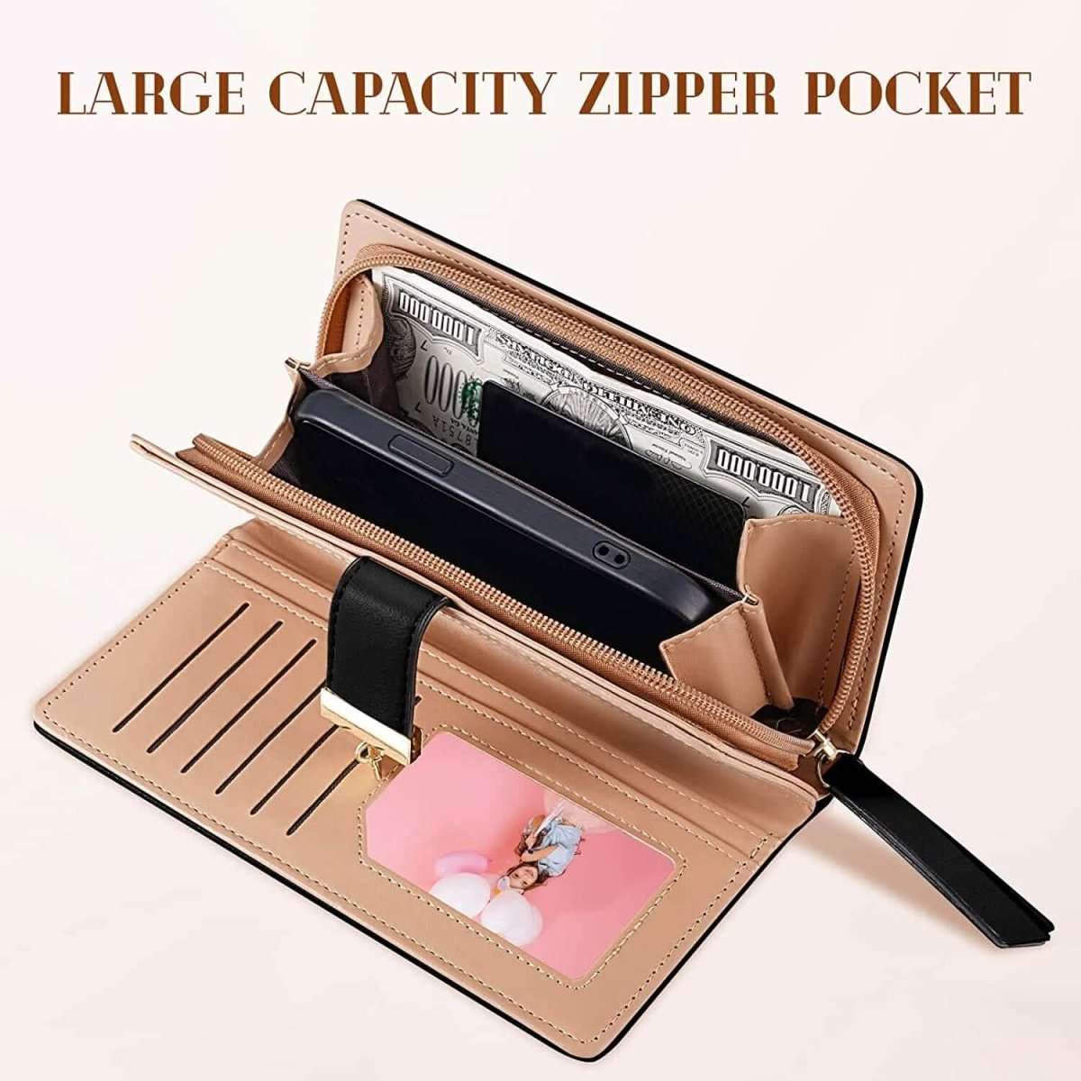 Tan leaf bifold wallet with zippered pocket, card slots, and inner photo window