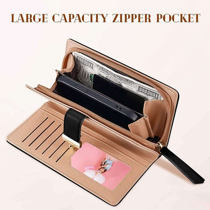 Tan leaf bifold wallet with zippered pocket, card slots, and inner photo window