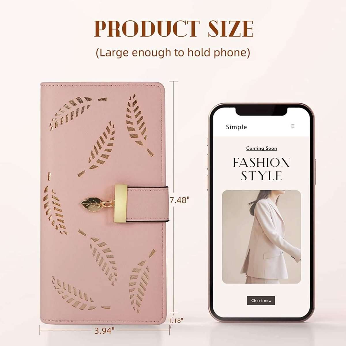 Pink long leaf-pattern wallet with snap strap, card slots, and ID window; size view.