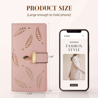 Pink long leaf-pattern wallet with snap strap, card slots, and ID window; size view.