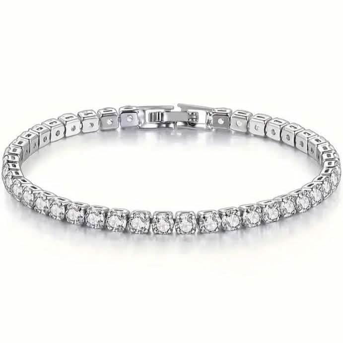 Silver-tone tennis bracelet with single row of clear round stones and hinged clasp