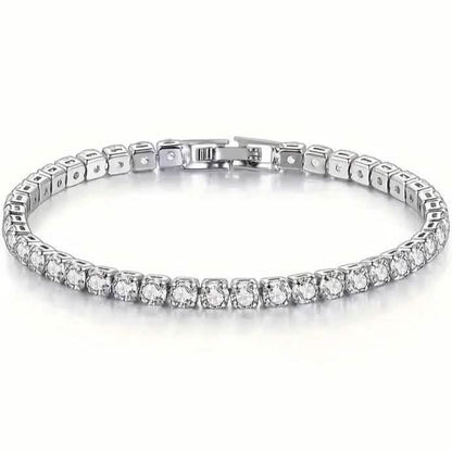 Silver-tone tennis bracelet with single row of clear round stones and hinged clasp