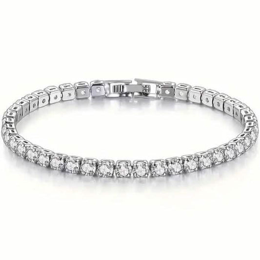 Silver-tone tennis bracelet with single row of clear round stones and hinged clasp