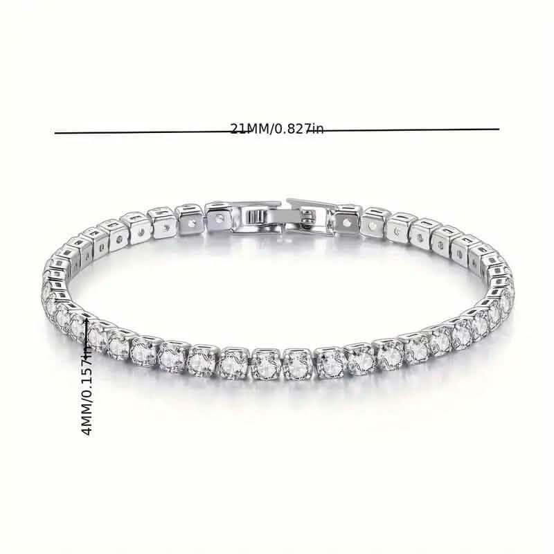 Silver-tone tennis bracelet, close view of clear stones in rectangular link settings