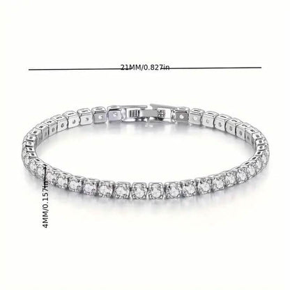 Silver-tone tennis bracelet, close view of clear stones in rectangular link settings