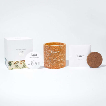 Plantable terracotta candle with Esker label, with matching lid and gift packaging