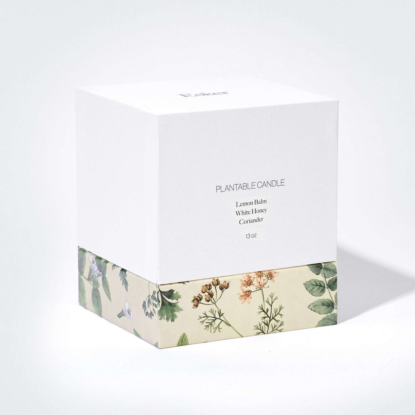Plantable candle gift box with floral panel and printed product details