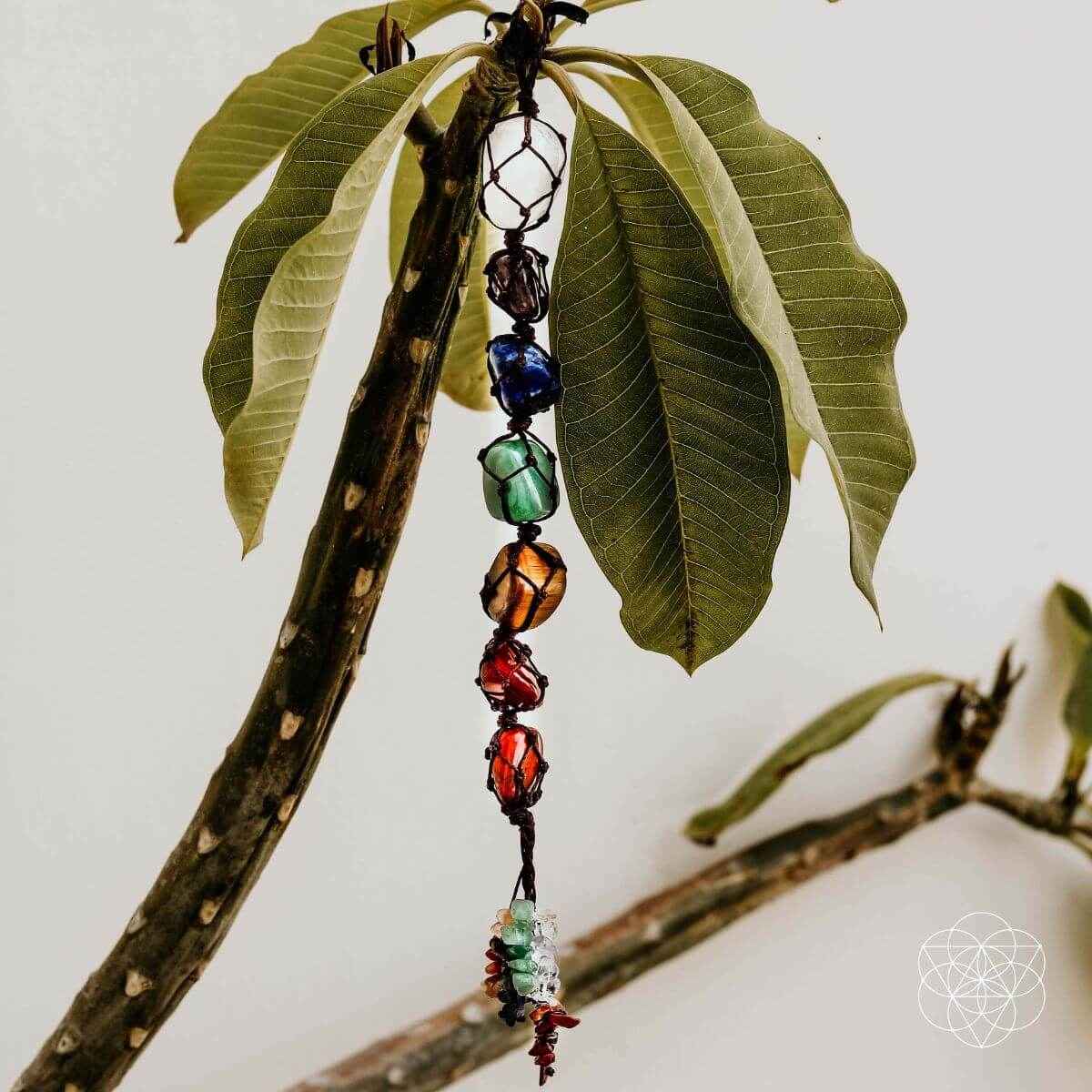 Hanging chakra bead tassel with green, blue, orange stones from a branch leaf