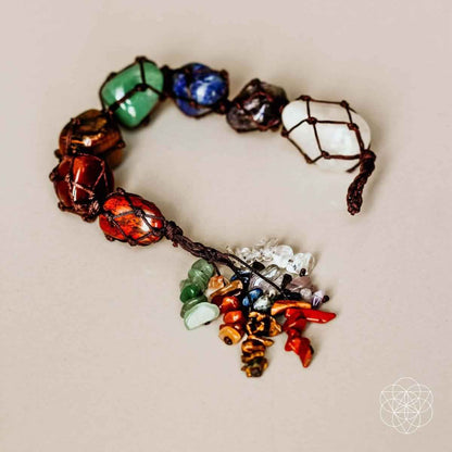 Multicolor chakra bead tassel necklace with wire frame and hanging charm