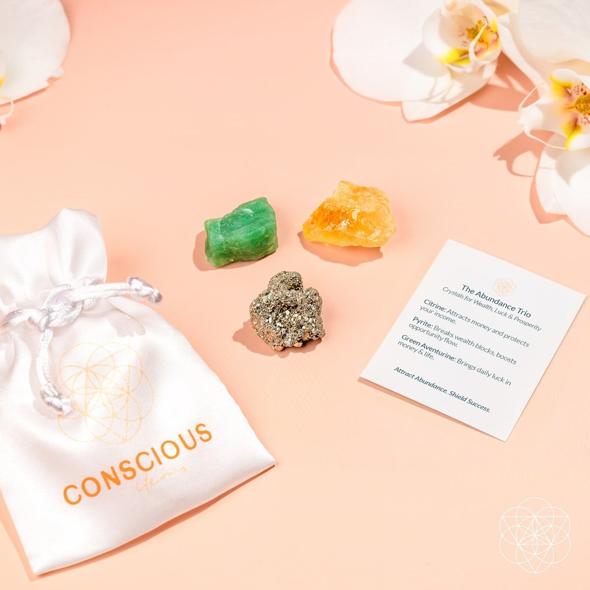 Abundance Trio set with crystal stones, white CONSCIOUS pouch, and printed card