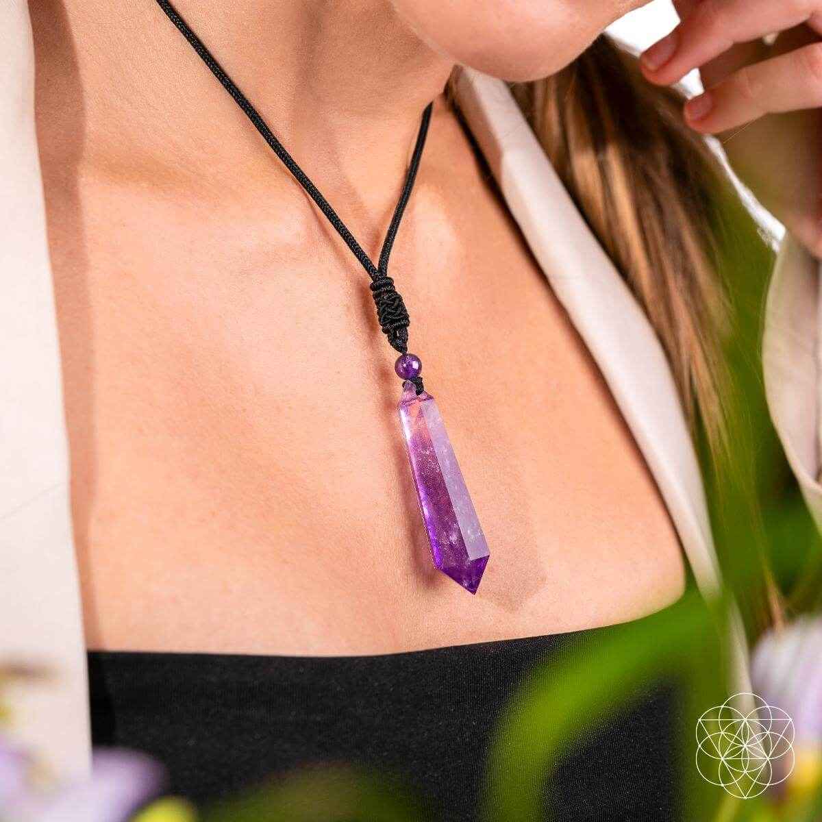 Amethyst crystal pendant necklace with black braided cord