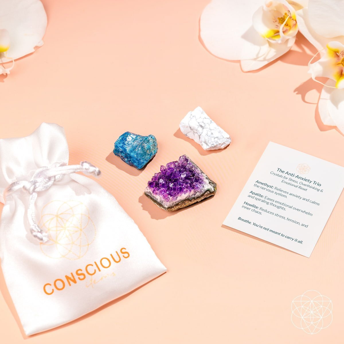 Crystal trio with white T-shirt bag and product information card