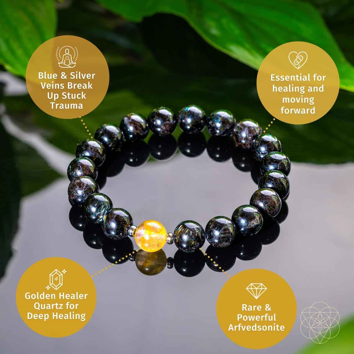Deep healing bracelet with dark round beads and a yellow healing stone centerpiece