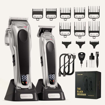 Hair clipper trimmer set with two silver clippers, comb guards, and accessories