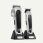 Hair clipper trimmer set with two silver units on black charging stands