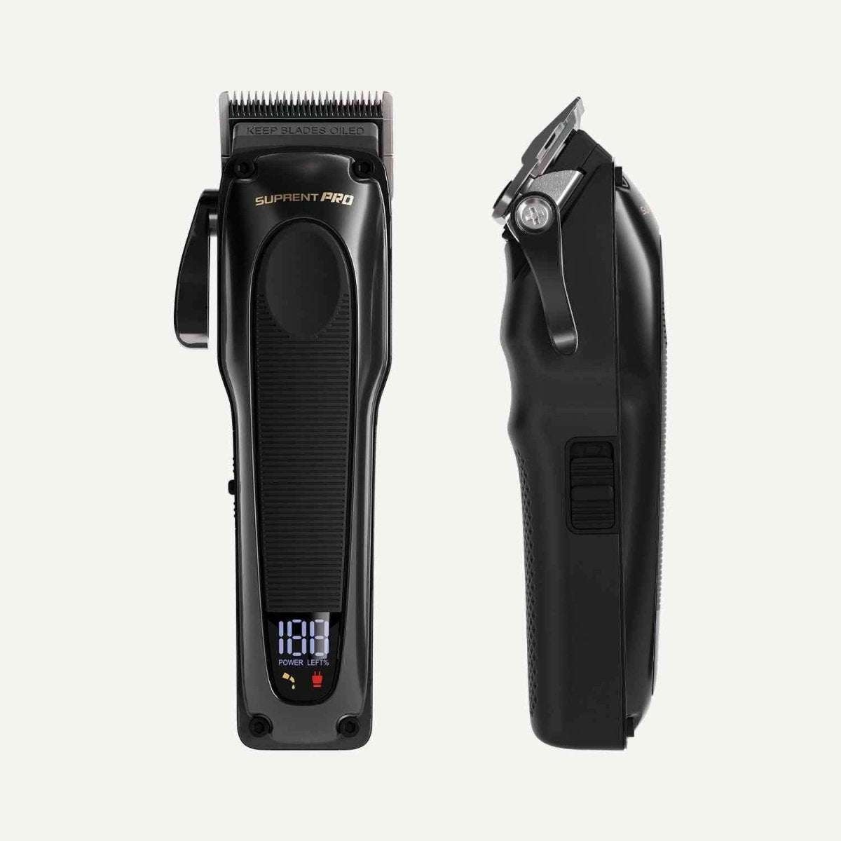 Black professional hair clipper, front and side views showing blade lever