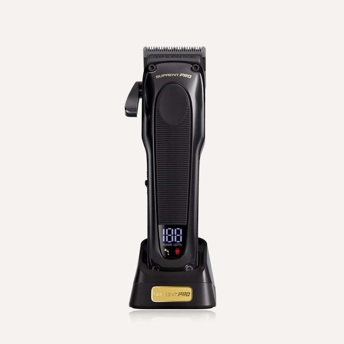Black hair clipper with charging base, cordless design, adjustable cutting blade
