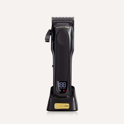 Black hair clipper with charging base, cordless design, adjustable cutting blade