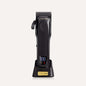 Black hair clipper with charging base, cordless design, adjustable cutting blade