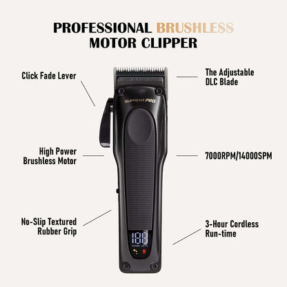 Black cordless hair clipper with control display, blade lever, and base
