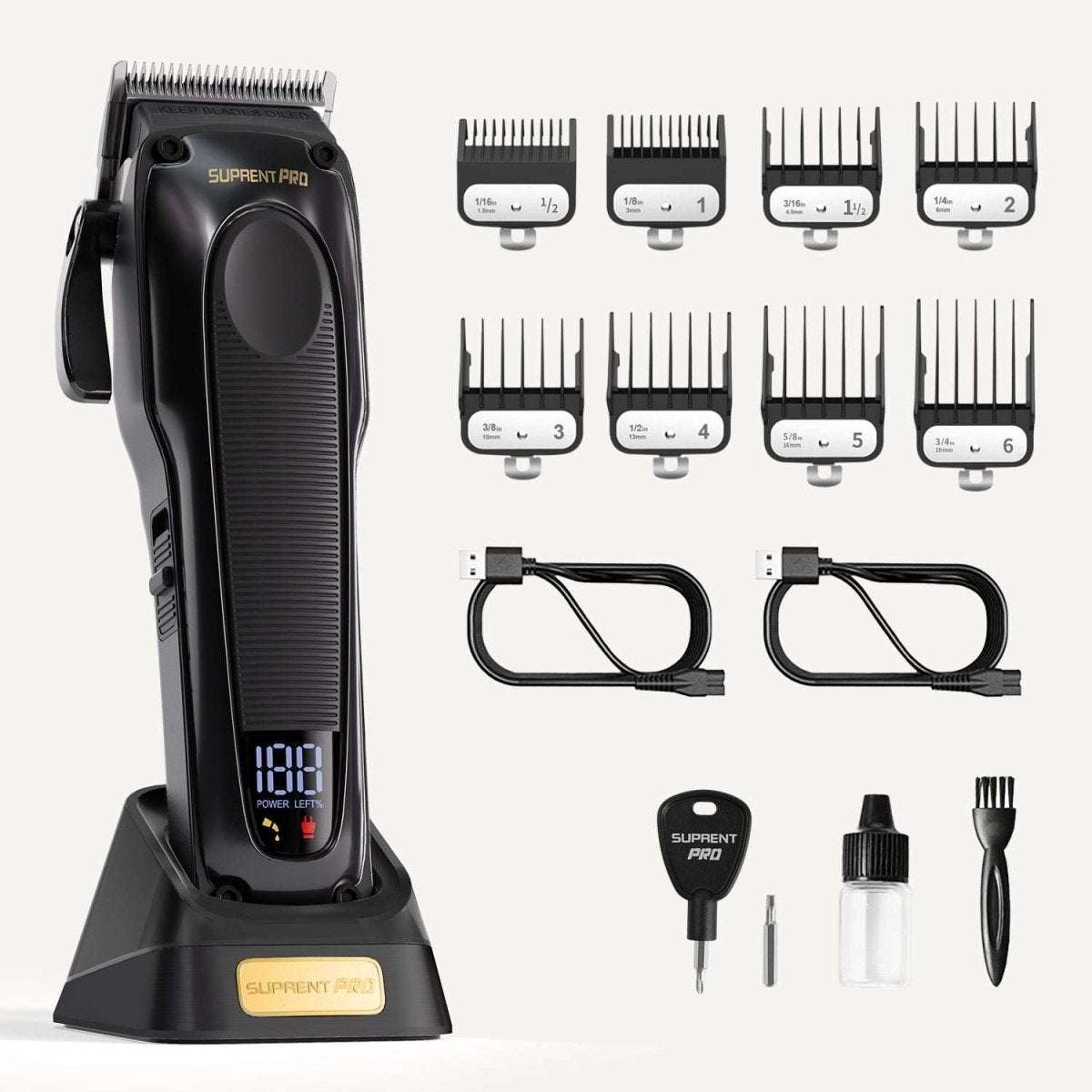 Black hair clipper kit with multiple guide guards, cord, and cleaning accessories