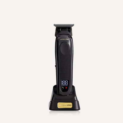 Professional hair trimmer with charging dock, dark black body and digital display