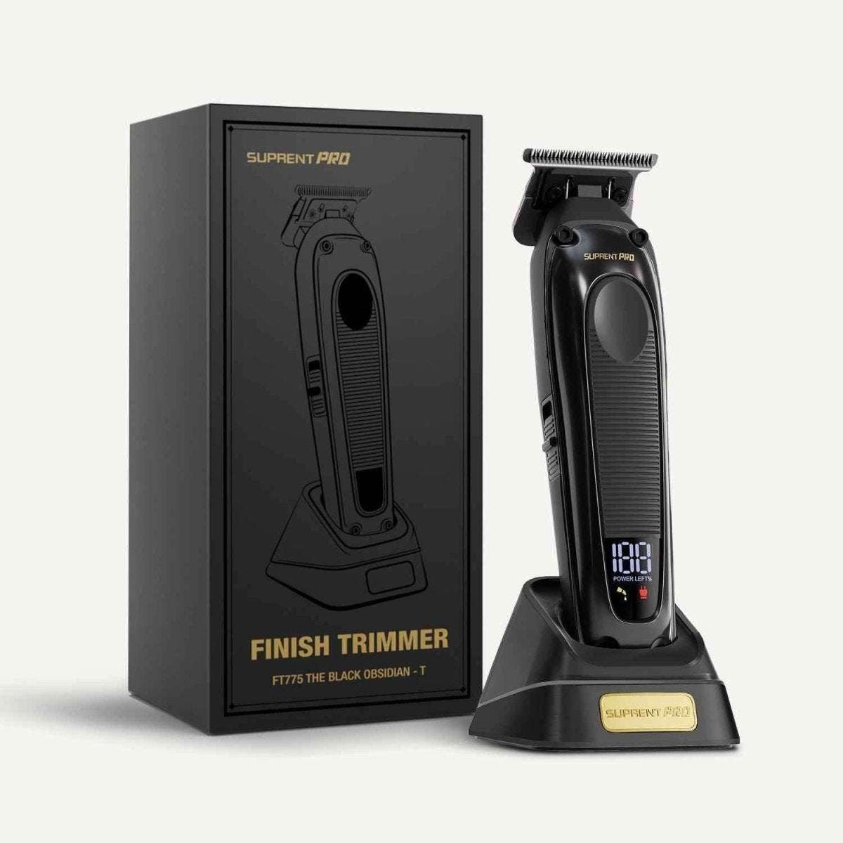 Professional hair trimmer retail package, dark black trimmer and charging base with box