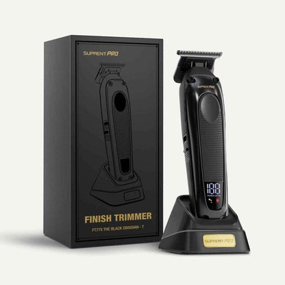 Professional hair trimmer retail package, dark black trimmer and charging base with box