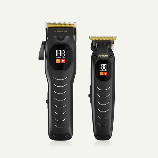 Black electric clipper and trimmer set with gold blades, dual devices, LCD display