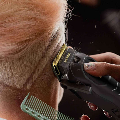 Black electric clipper trimming fur along the side of an animal
