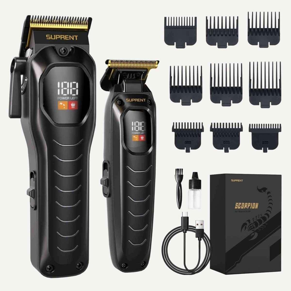 Black electric hair clipper set with multiple guard combs, cord, and blade covers