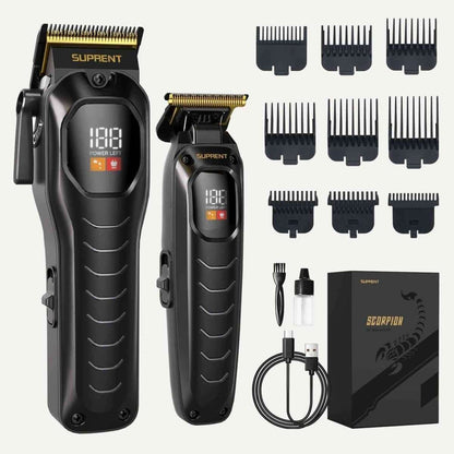 Black electric hair clipper set with multiple guard combs, cord, and blade covers