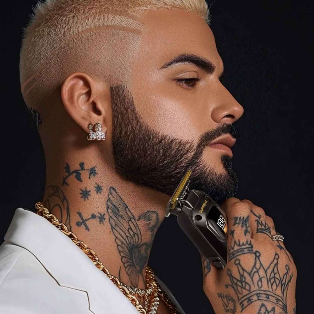 Black hair trimmer shaping beard and mustache near the jaw