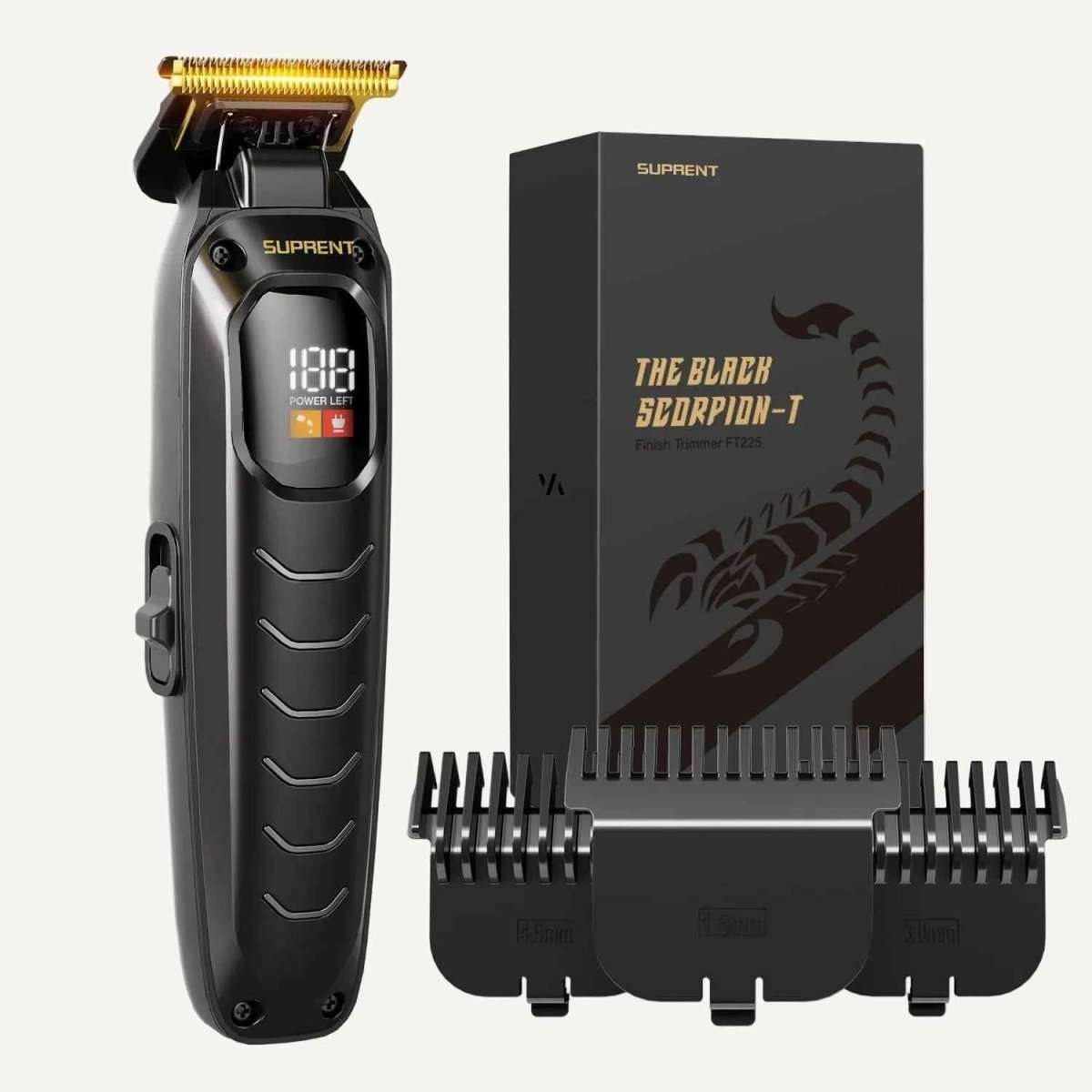 Hair trimmer set with black trimmer, guard combs, and gift box