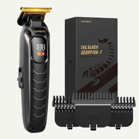 Hair trimmer set with black trimmer, guard combs, and gift box