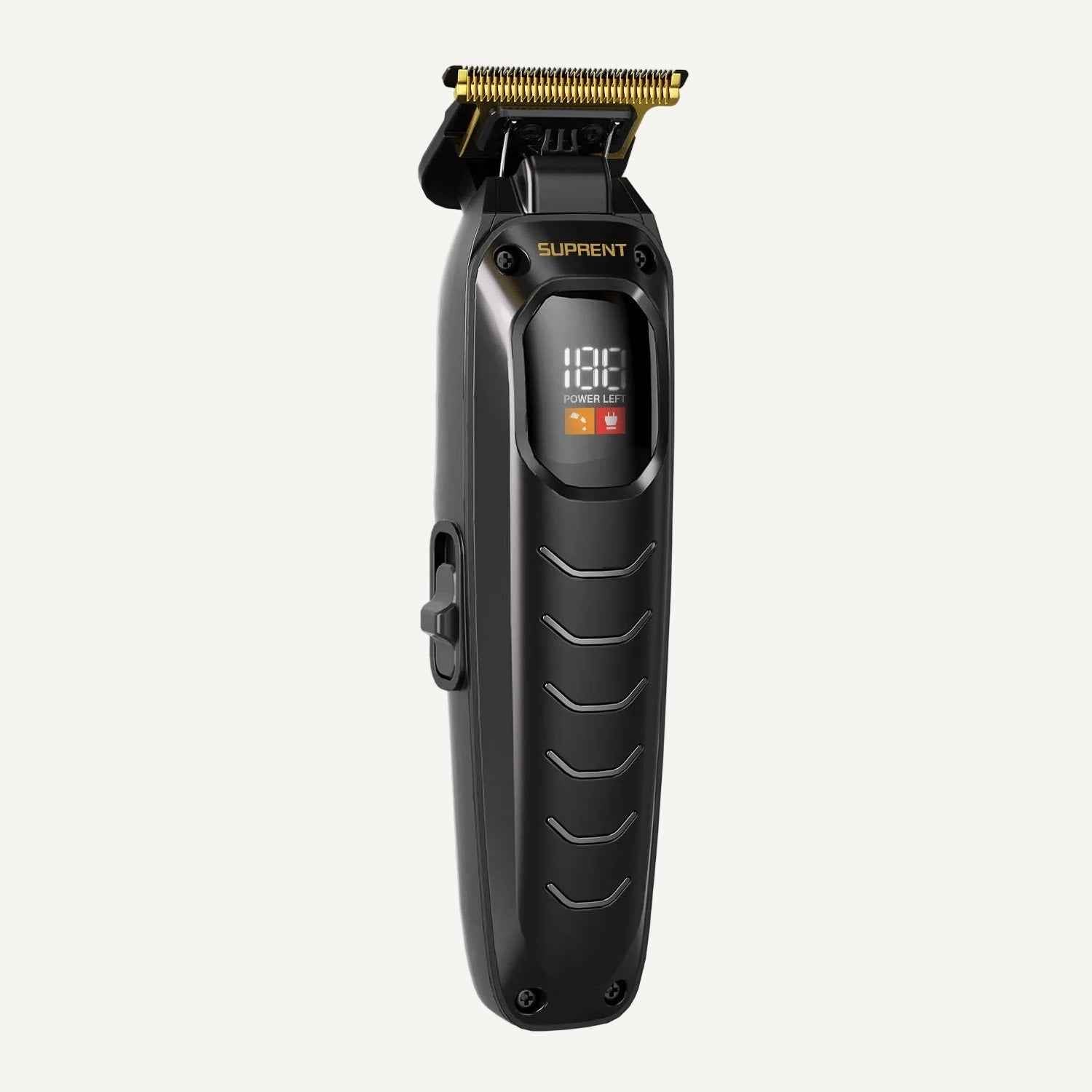 Black hair trimmer with gold blade, LCD screen, and textured grip