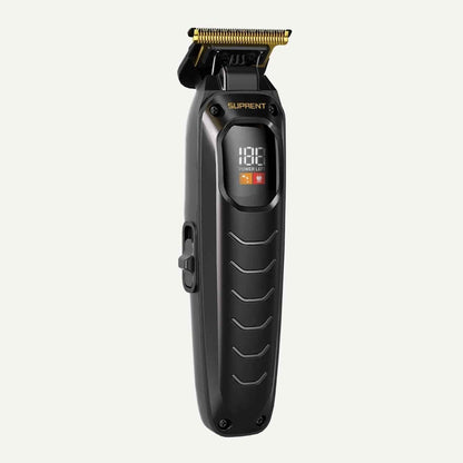 Black hair trimmer with gold blade, LCD screen, and textured grip