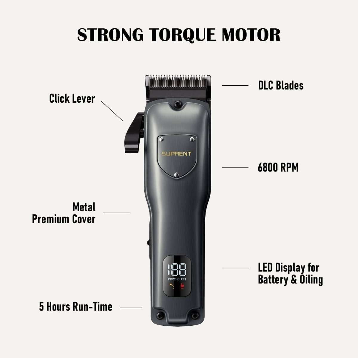 Hair clipper with DLC blades, metal cover, and LED power display