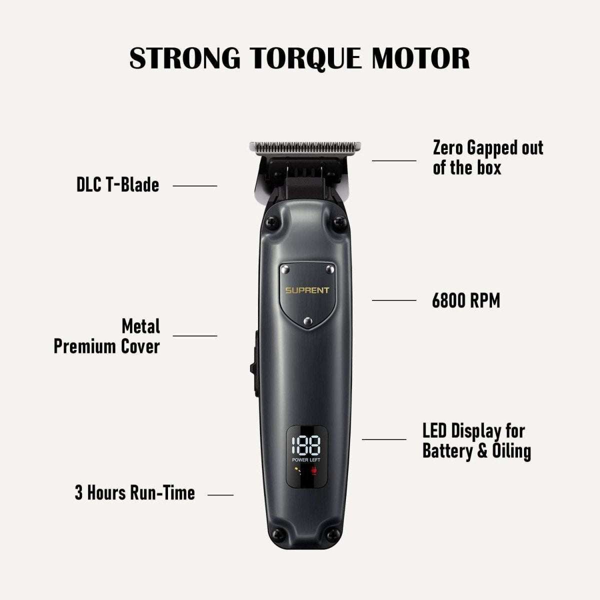 Hair clipper with T-blade head, metal premium cover, and LED power display