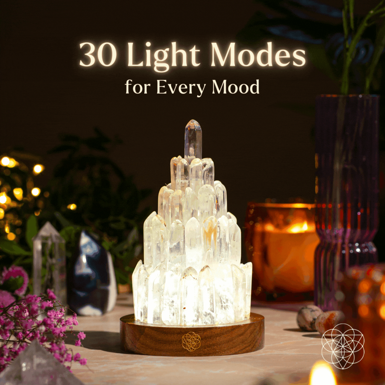 Quartz tower lamp on round dark wood base, glowing crystal prism structure