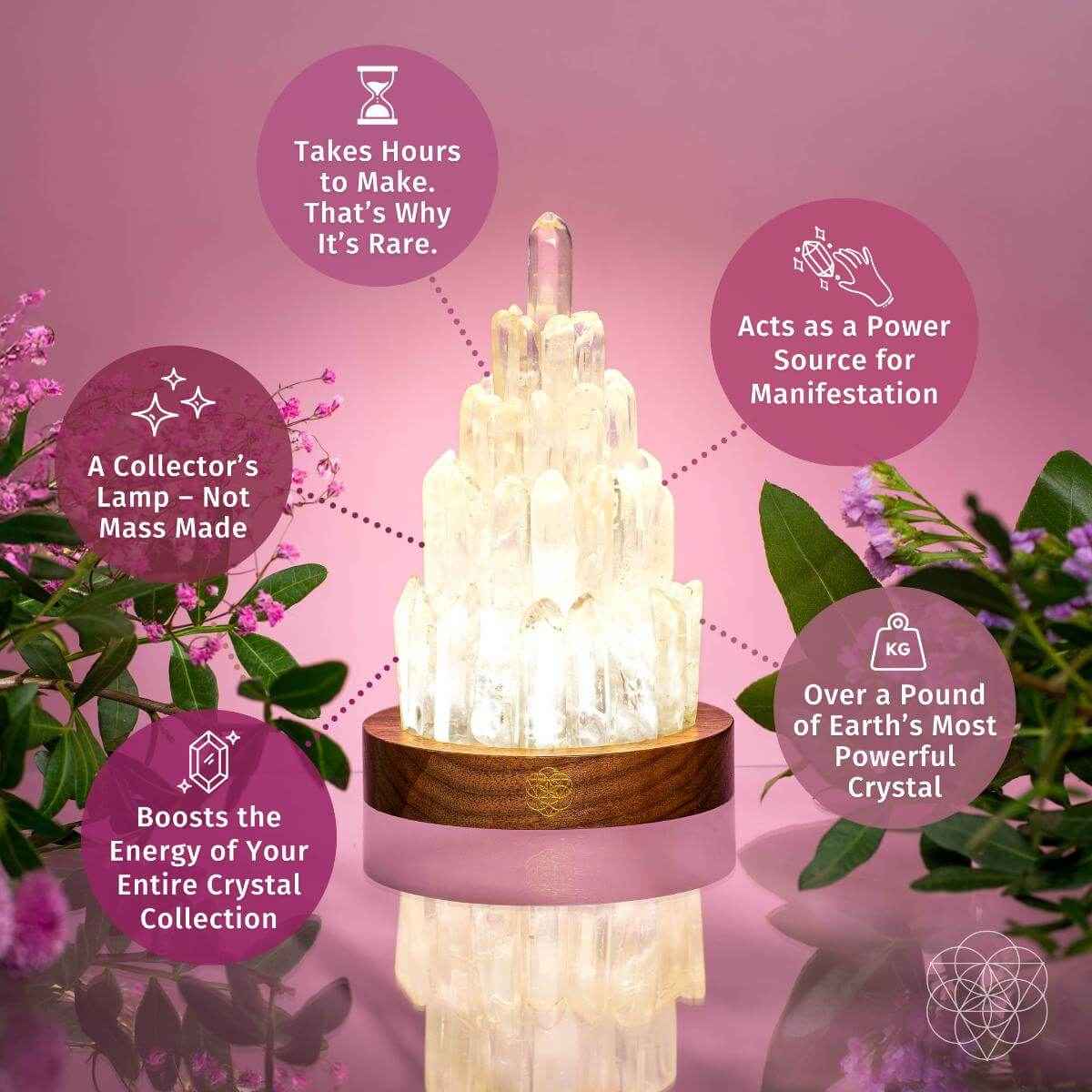Clear quartz manifestation tower lamp with glowing crystal column on wooden base