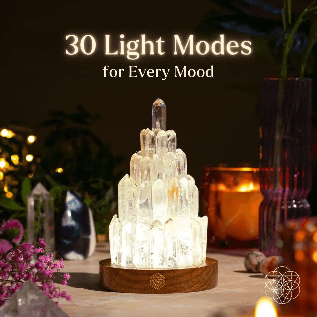 Clear quartz manifestation tower lamp with lit crystal pillar on round wooden base